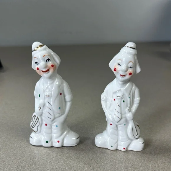 Whimsical White Porcelain Clown Figurines - Picture 1 of 15